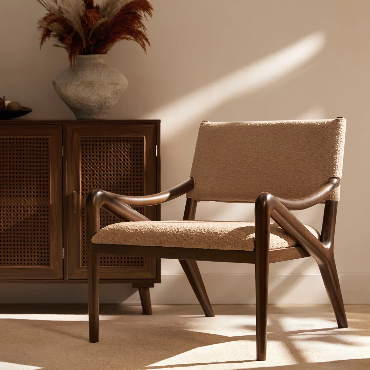 Trais Crombie Boucle Solid Wood Frame Armchair Mid-Century Modern Walnut Accent Chair for Living Room or Office