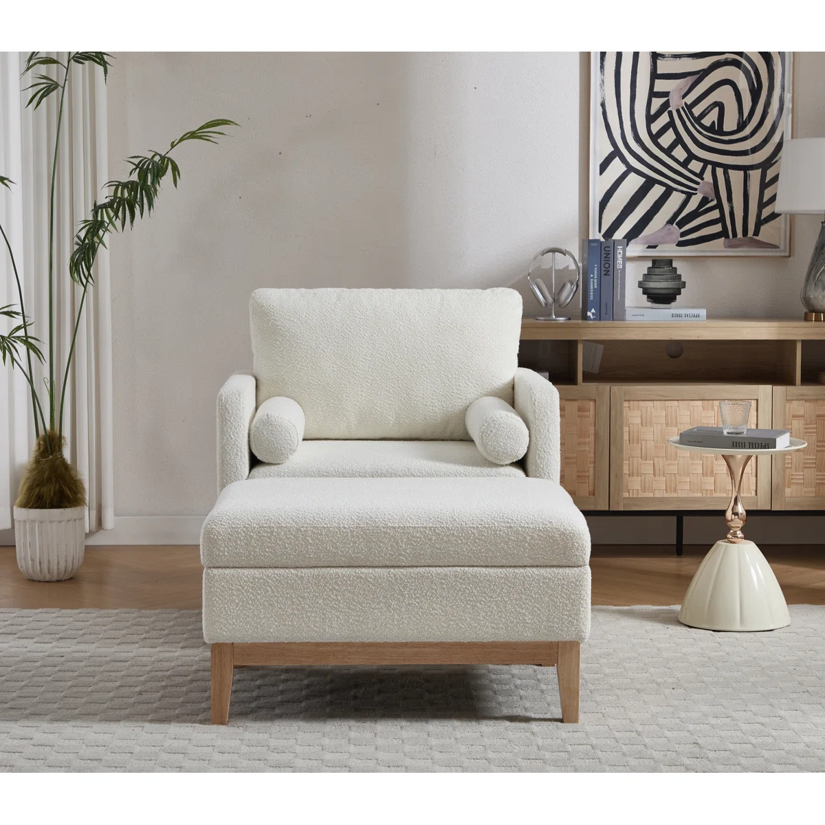 35.41" W Upholstered Accent Armchair With Ottoman – Bouclé Lounge Chair Set with Storage Ottoman & Pillows