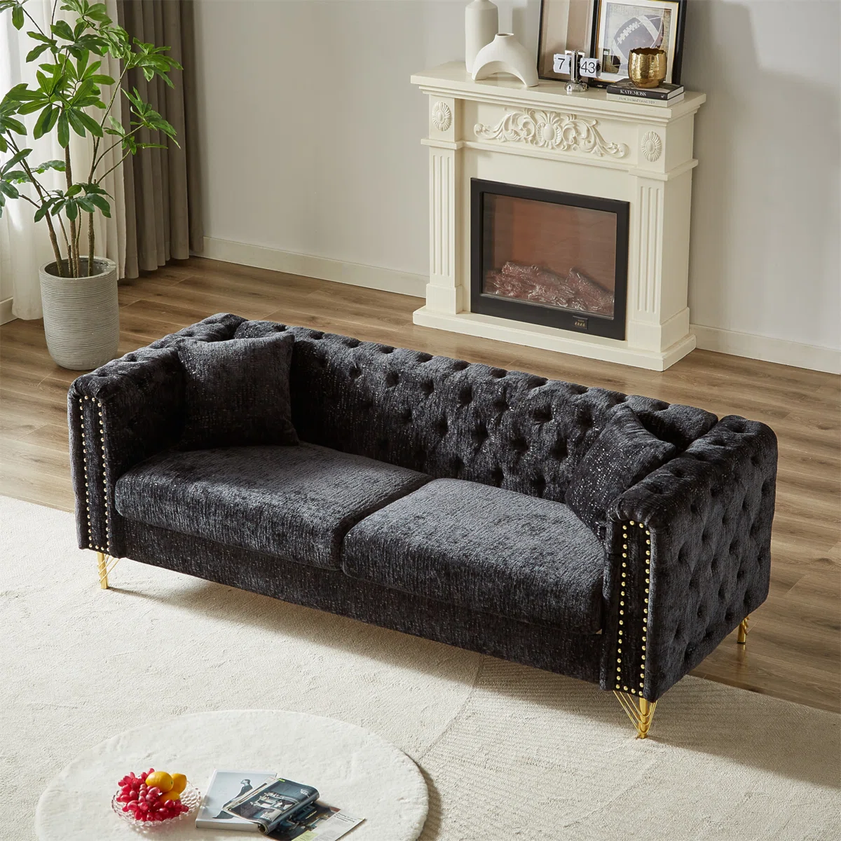 Chenille Pull Buckle 3-Seater Sofa – Black Upholstered, Button-Tufted with Copper Nail Armrests
