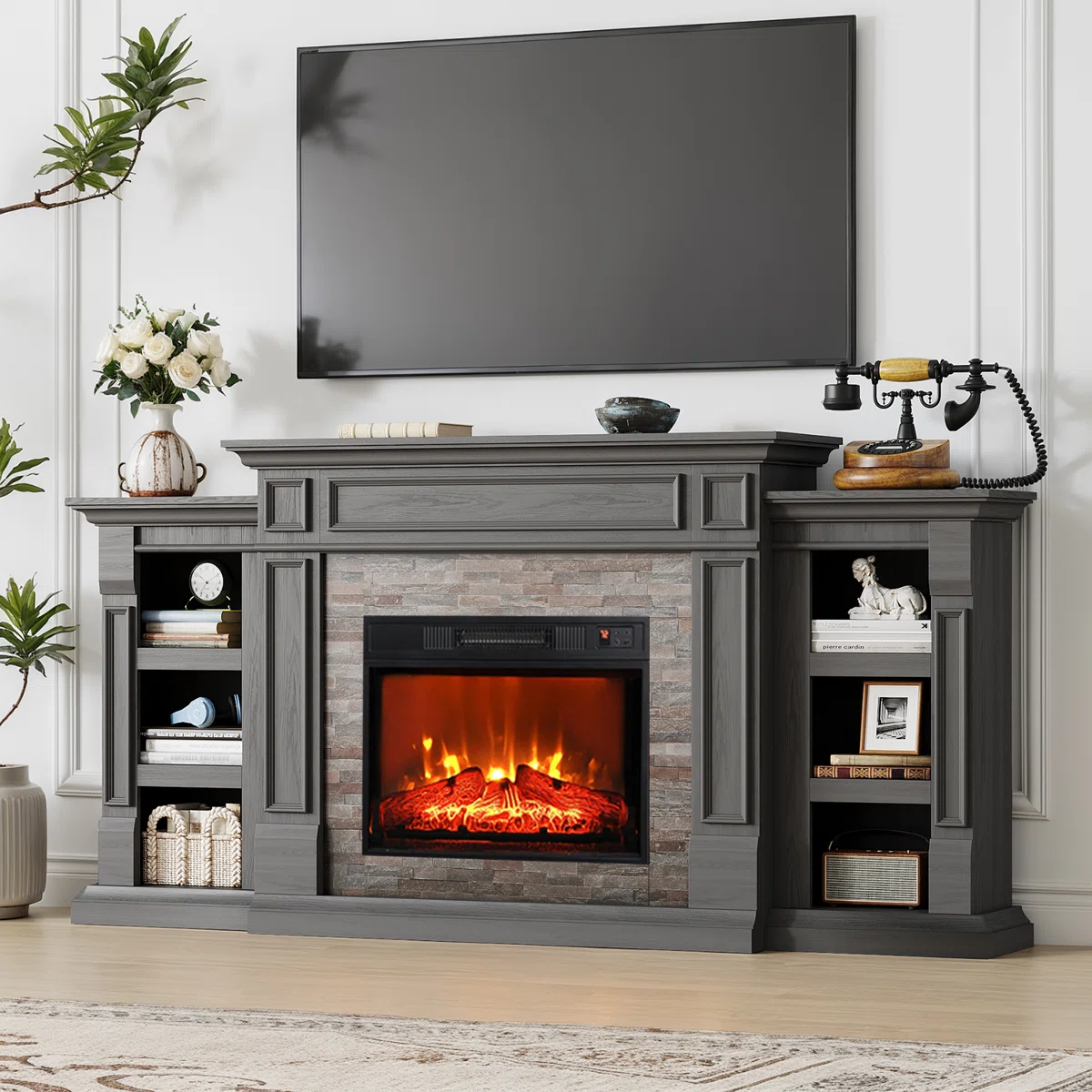 72'' W Electric Fireplace,black