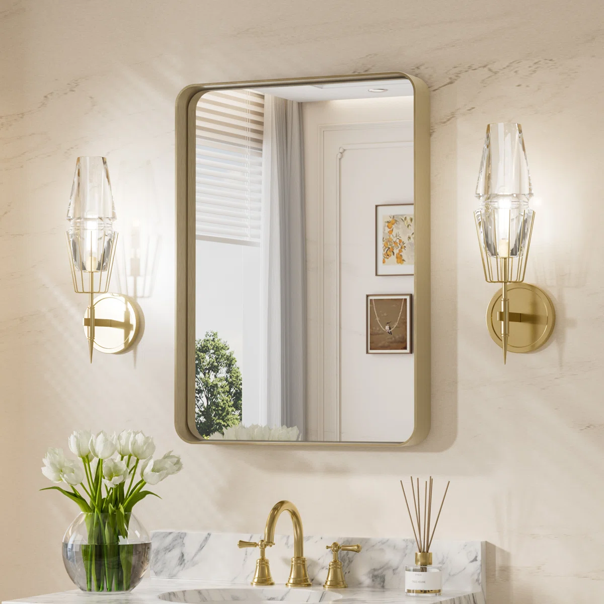 Tyro Bathroom Decorative Home Décor Corner Hanging Mirror – 30" x 22" Rectangle, Gold Aluminum Frame, Shatterproof HD Glass