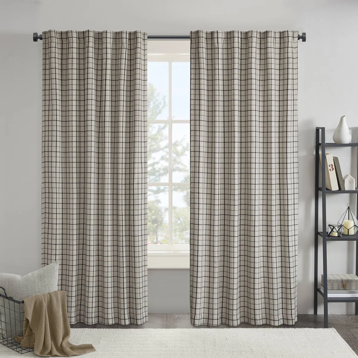Anaheim Woven Plaid Room Darkening Thermal Fleece Lined Single Curtain Panel – 50"W x 108", Black