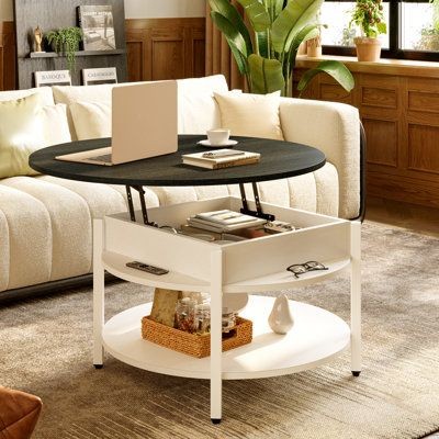 17 Stories Wynny 36" Round Lift-Top Coffee Table with Storage – White/Black Wood