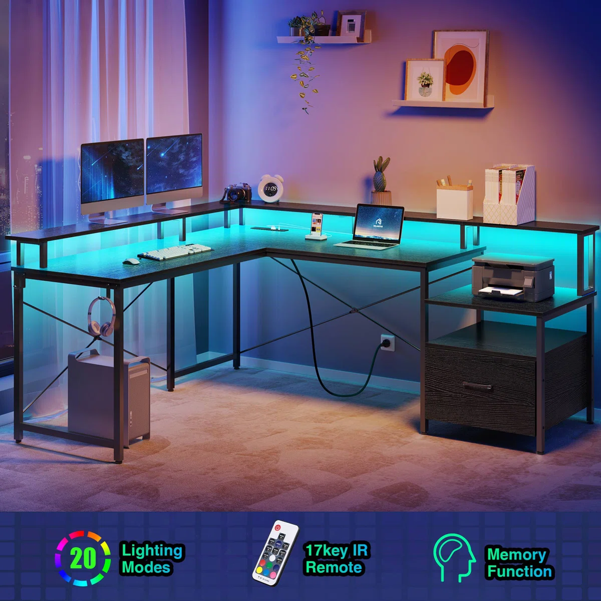 Kurtiss 68" L Shaped Computer Desk with File Drawer with Power Outlet & LED Strip