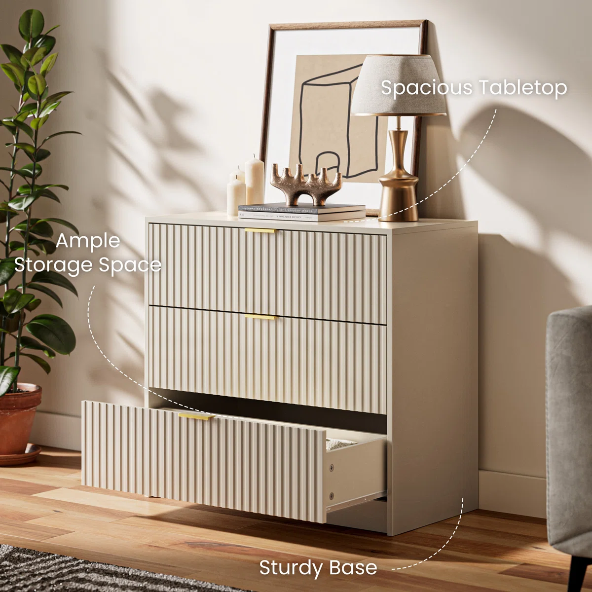 3-Drawer Dresser, 31.5" Wide – Modern Fluted Drawer Chest for Bedroom Storage