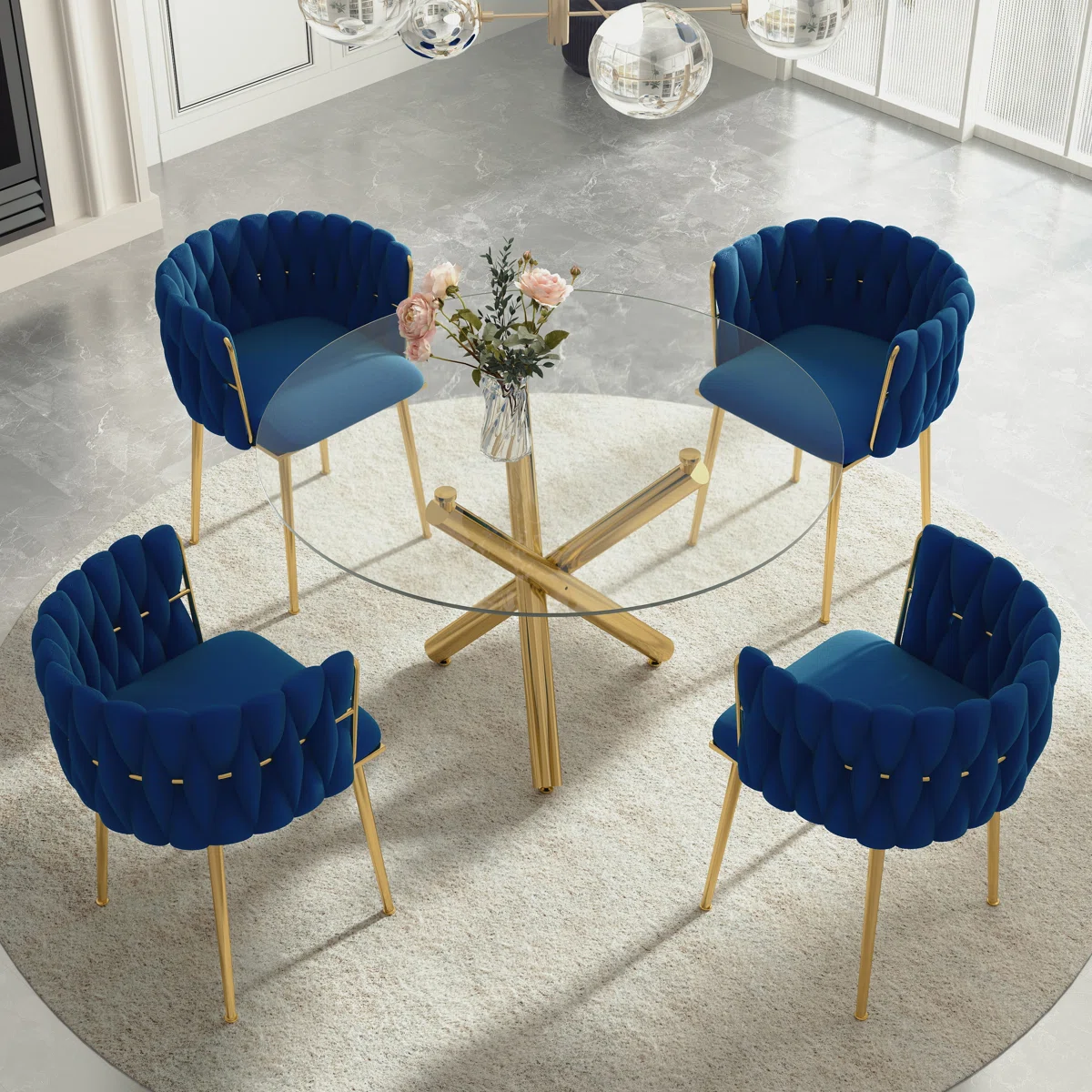 Raykwan 5-Piece Dining Set – Round Glass Table with Navy Velvet Upholstered Chairs, Gold Base