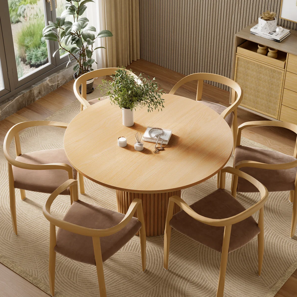47.2" Round Dining Table with Solid Wood Pedestal Base – Modern MDF Top for 1–6 Seating