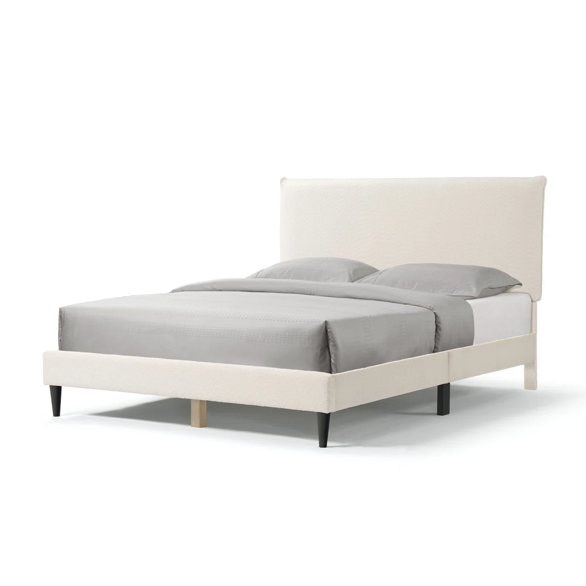 Anij Upholstered Platform Bed – Modern Boucle Fabric Bed Frame with Pillow Headboard and Slat Support