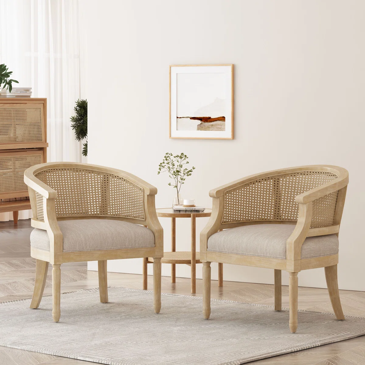 Kurz Upholstered Armchair Set of 2 – Modern Farmhouse Barrel-Back Accent Chairs with Wicker Panel and Solid Wood Frame