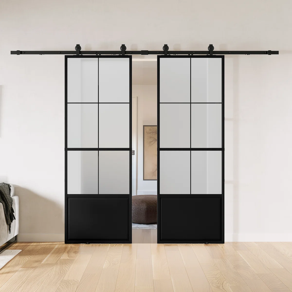 Metal and Glass Double Barn Doors with Hardware Kit (Soft-close Included)