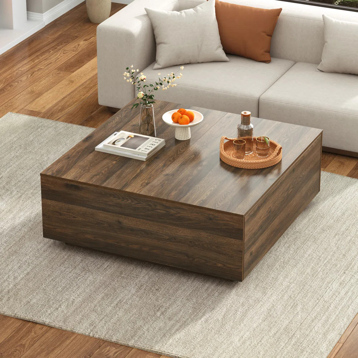 Ebern Designs 43" Modern Square Walnut Coffee Table – Large Center Table with 2 Storage Drawers for Living Room