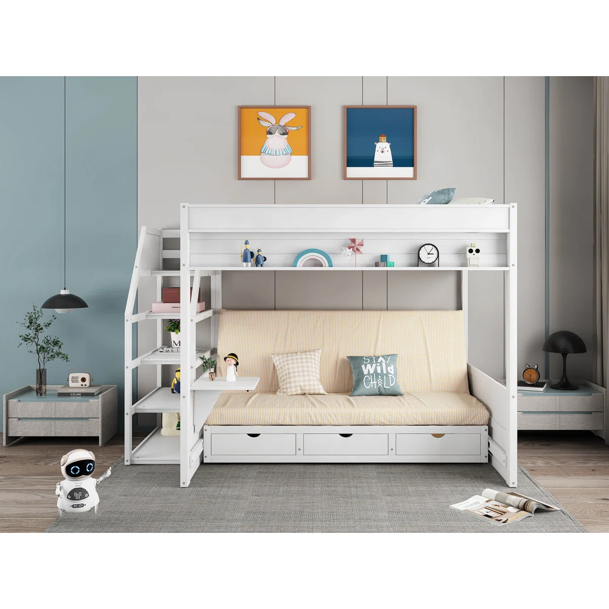 Jahri & Hastyar Kids Full Over Full Convertible Bunk Bed with Drawers, Storage Stairs, Desk & Shelves – Modern Space-Saving Kids Bed