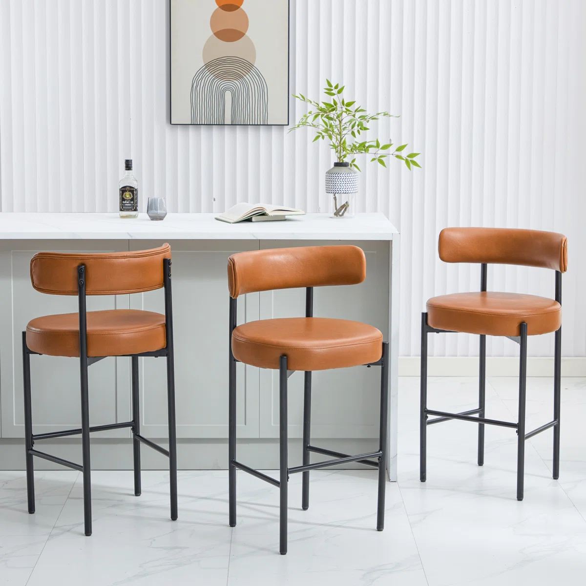 28" Boucle Upholstered Counter Stool with Curved Back and Metal Legs – Modern Faux Leather Bar Stool for Kitchen Island