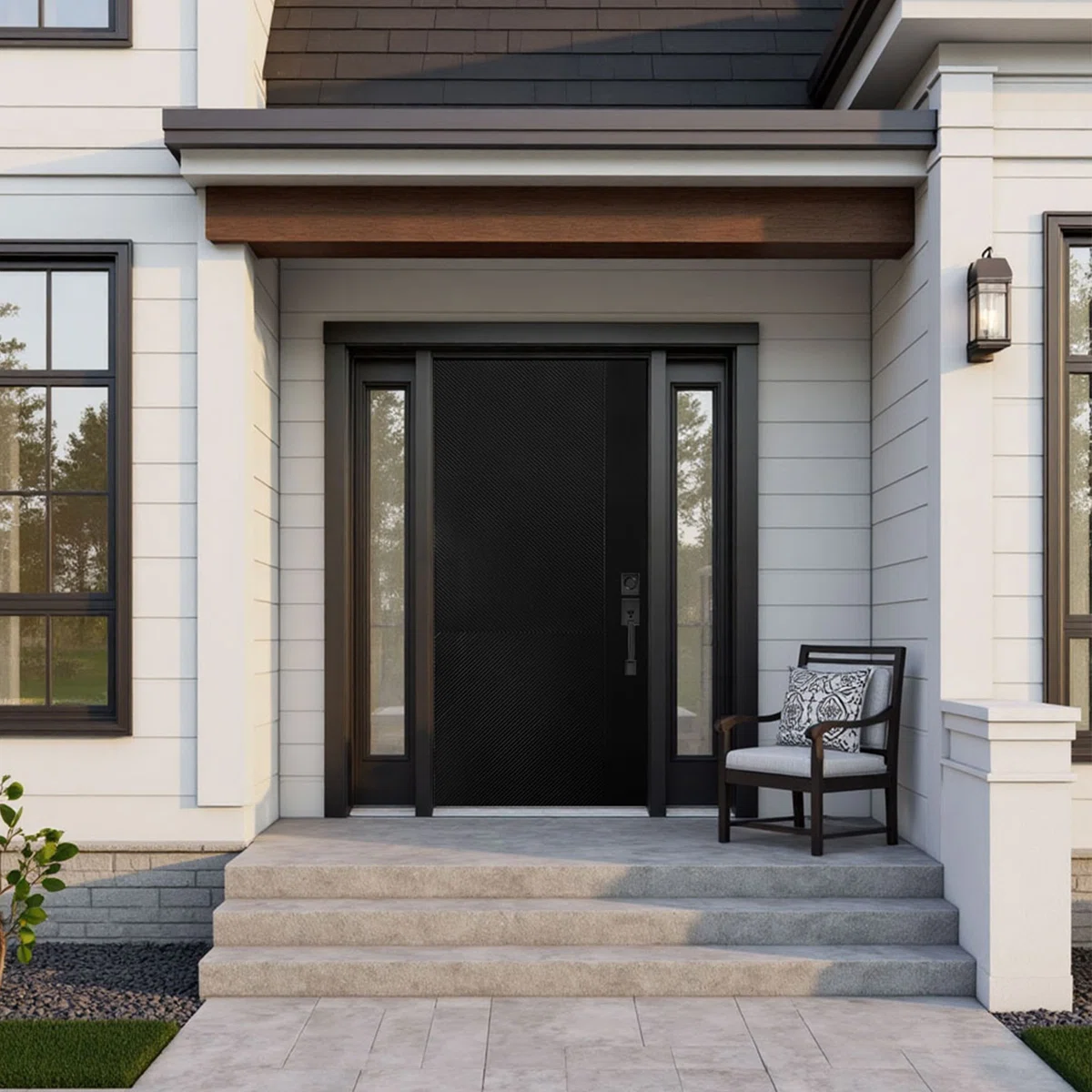 Modern Textured-Finish Fiberglass Entry Door with Vinyl Frame and Brickmould, Easy Knock-Down Setup