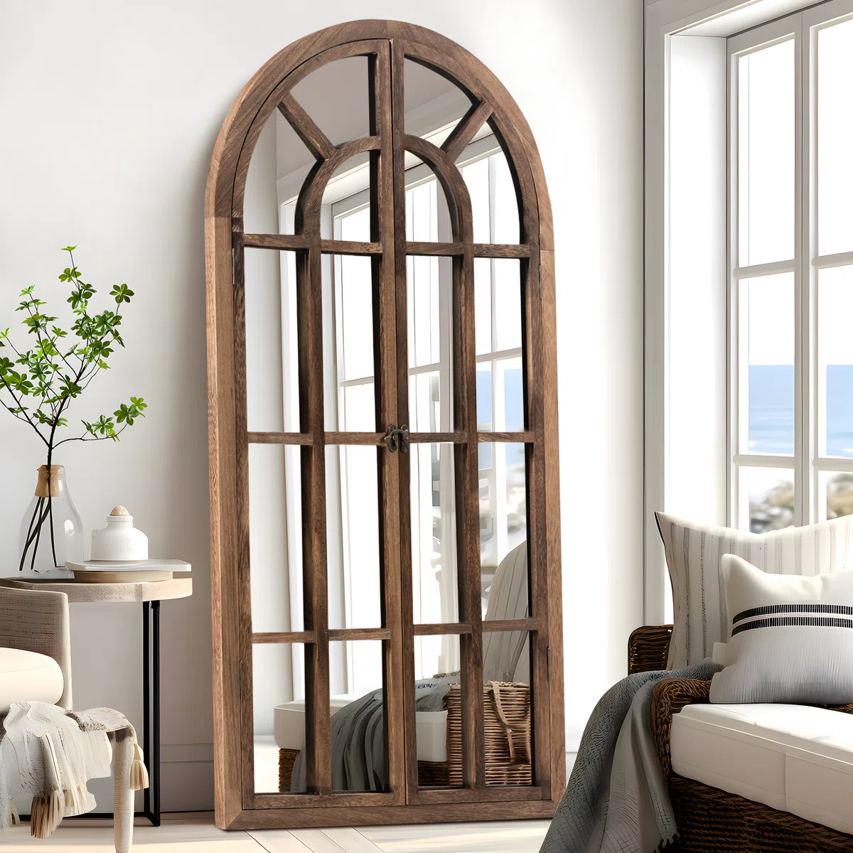 Latitude Run® 71"×31" Arch Wood Full Length Wall Mirror with Window Pane Frame, Charcoal