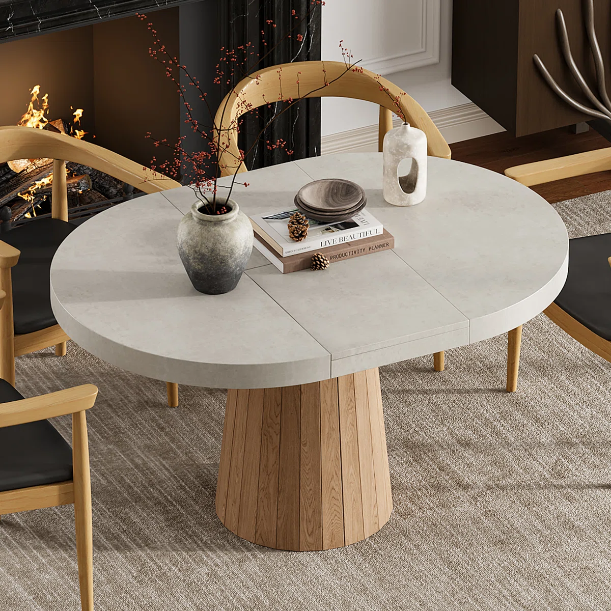 Tailings Extendable Round-to-Oval Pedestal Dining Table – Gray/Brown, 39"–55", Japandi Style