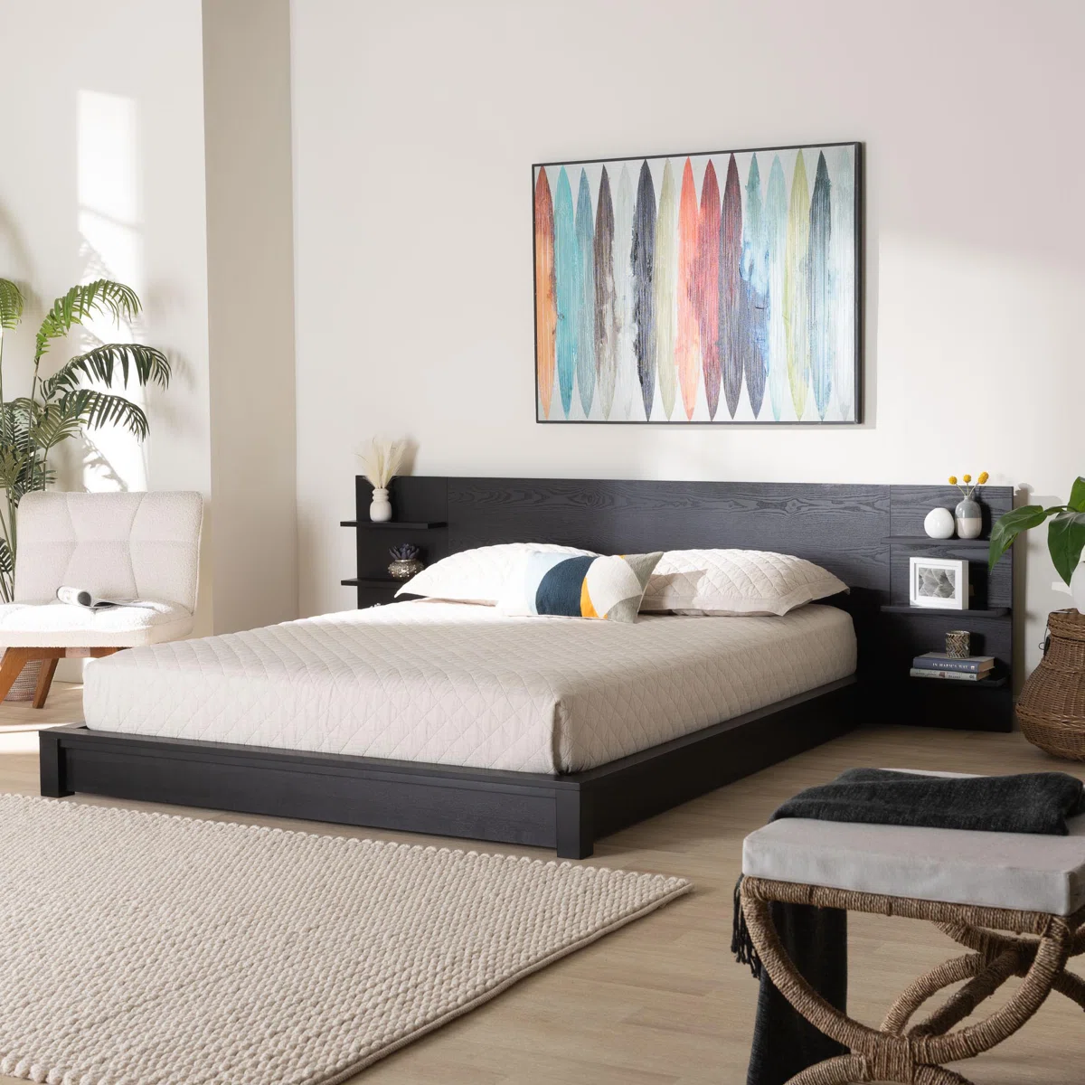 Chellsee Queen Slat Storage Bed with Shelved Headboard – Modern Platform Bed with Built-in Storage and No Box Spring Needed