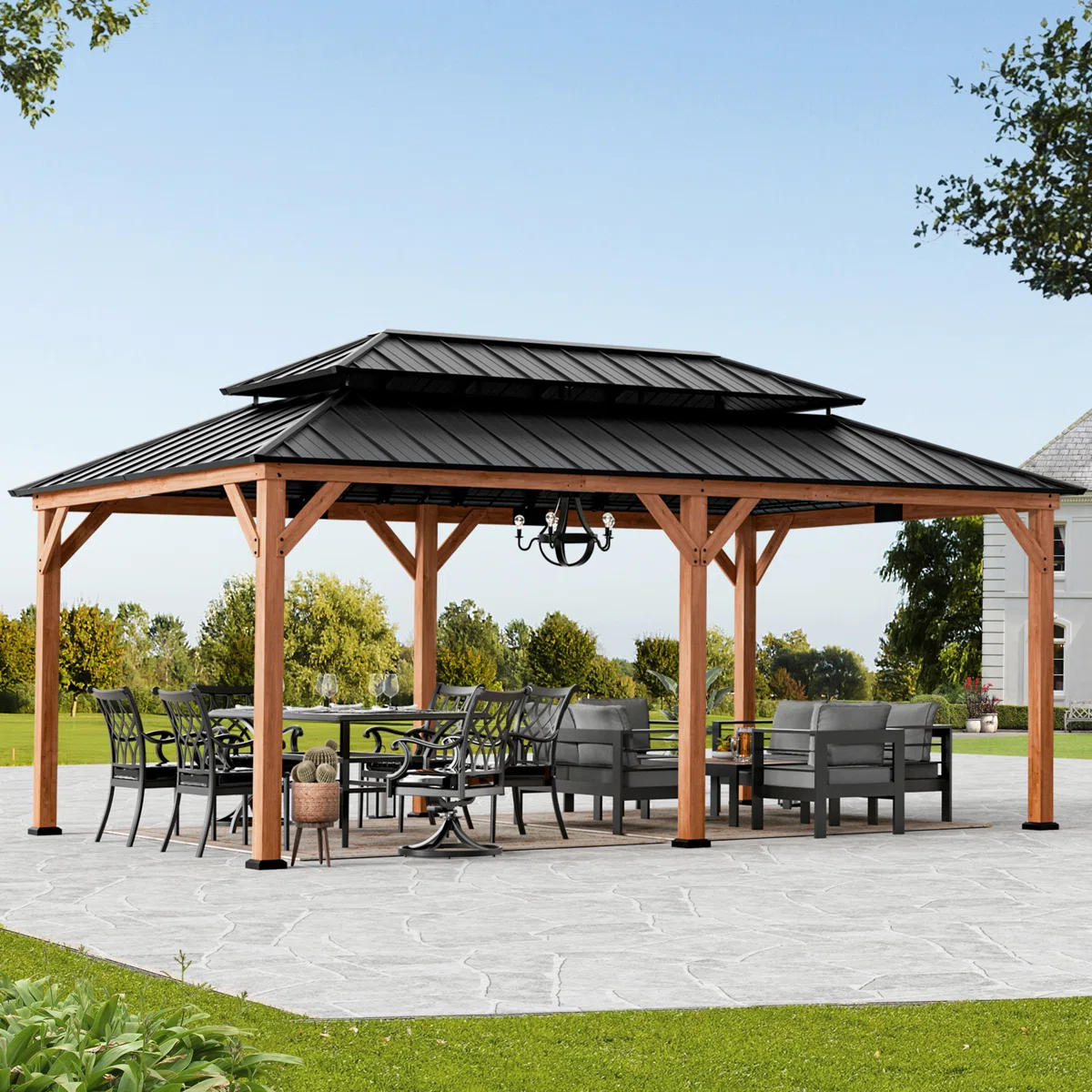 Rosewood 12' x 20' Premium Cedar Wood Hardtop Gazebo with 2-Tier Metal Roof – All-Weather Outdoor Pavilion for Patio, Garden & Backyard