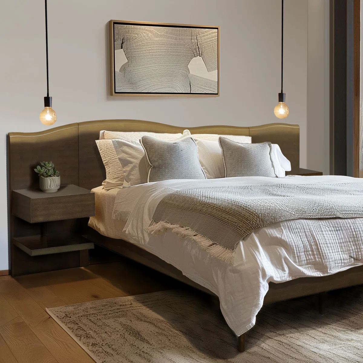 Emerlyn & Clark Bedframe with 2 Attached Nightstands – Modern Platform Bed with Built-in Storage & Sliding Tabletops