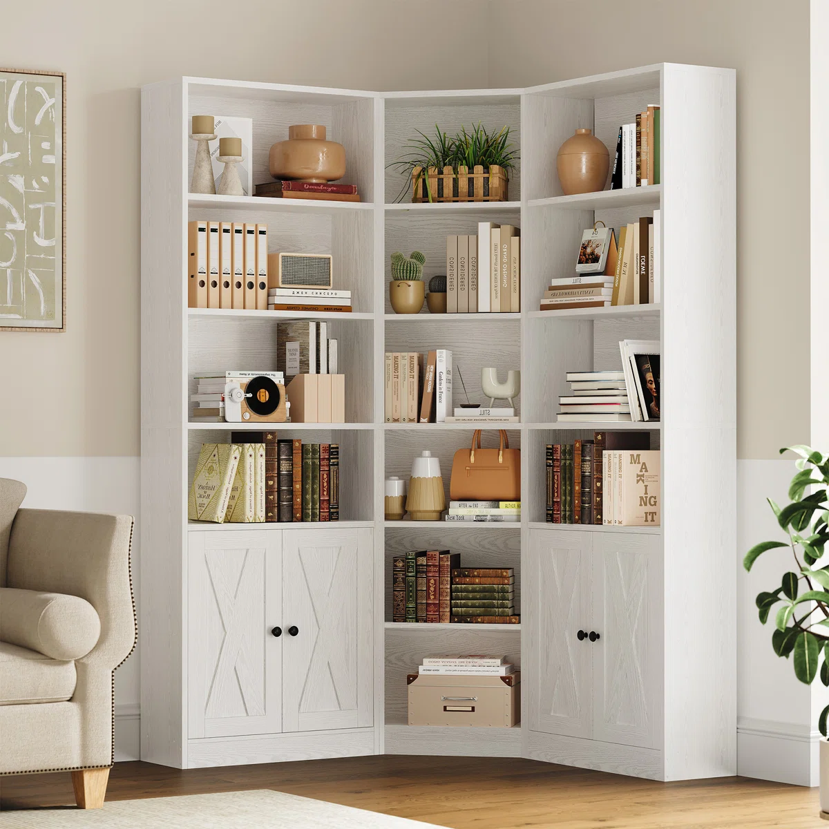 Latitude Run® 7-Tier 71” White L-Shaped Corner Bookcase – Modern Storage Shelf with 2 Doors and Cabinets for Home Office, Bedroom, or Living Room