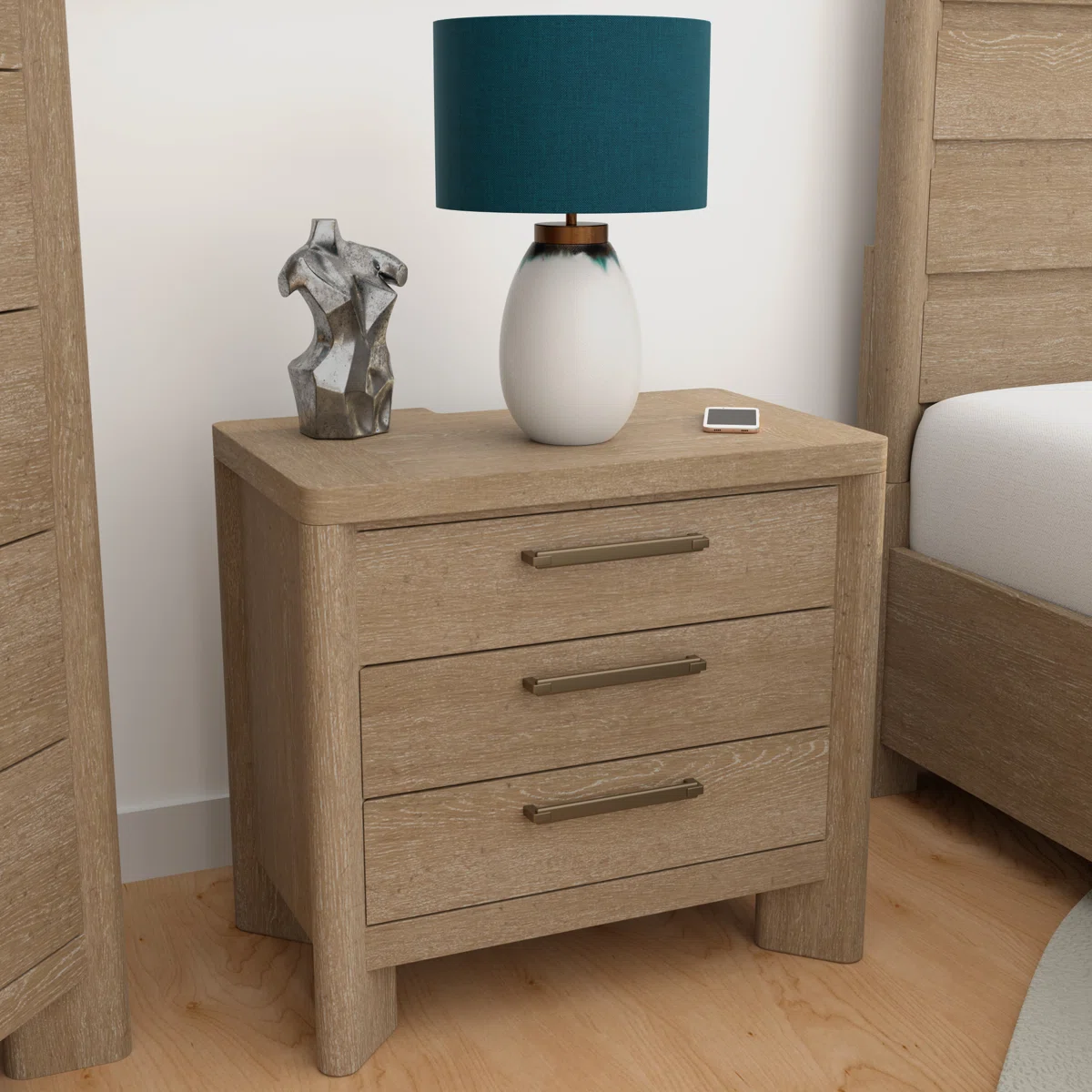 Karcen Sand Dune 3-Drawer Nightstand with Built-In USB Ports & Power Outlet – Solid Oak Wood Bedside Table