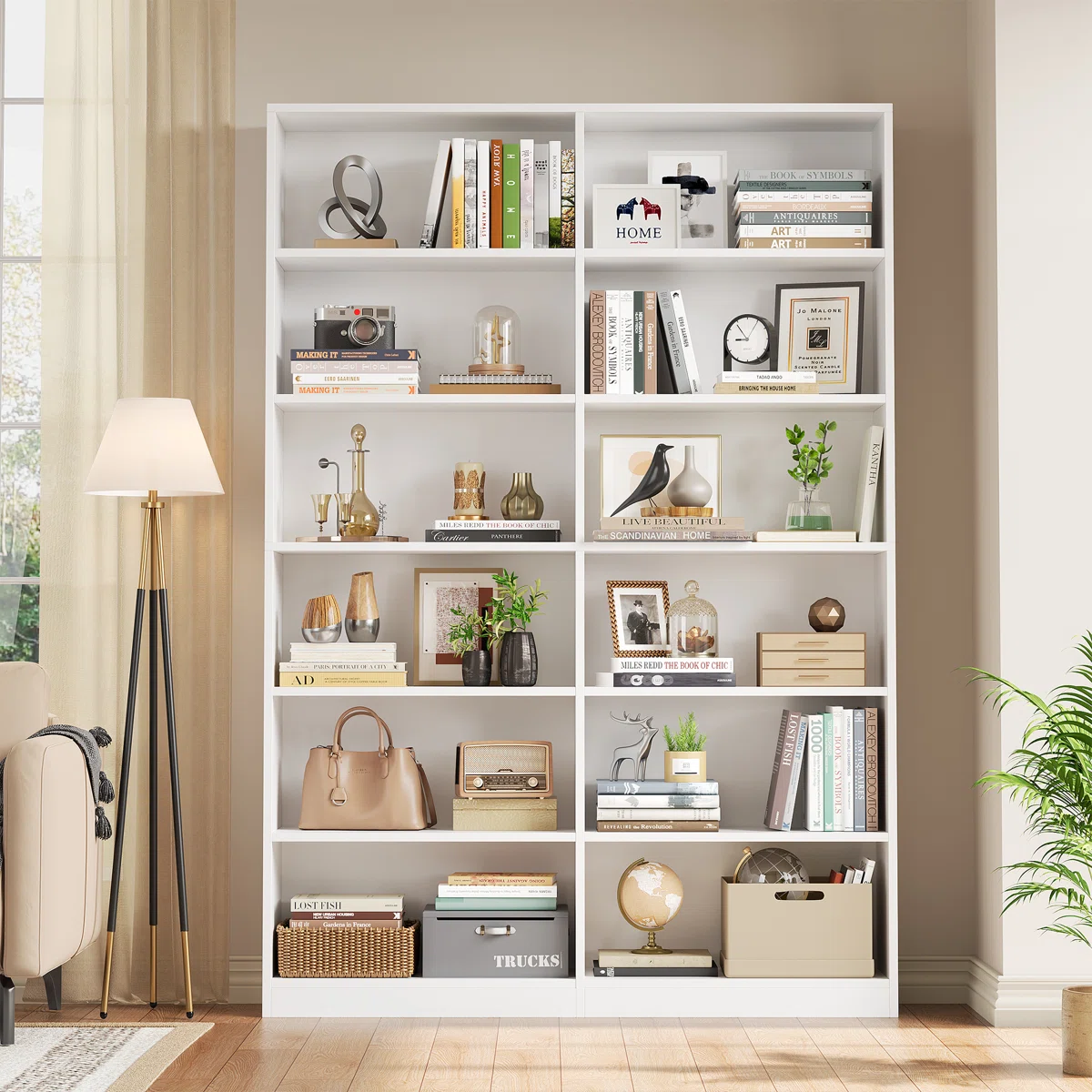 Geng 74.3"H x 47.2"W Double 6-Tier Bookcase – Modern Wooden Storage Shelf with 12 Compartments & Anti-Tip Safety