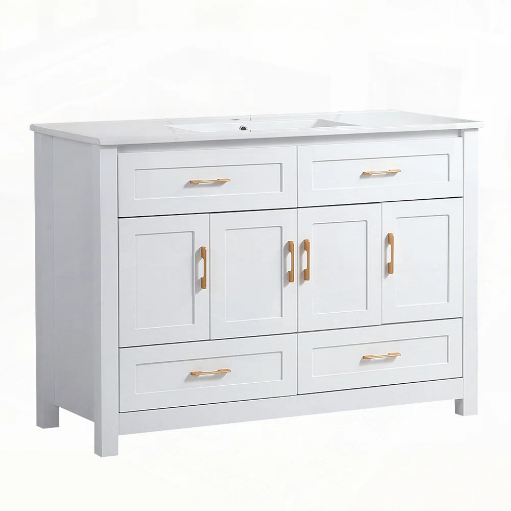 White Bathroom Vanity with Ceramic Sink Combo – Solid Wood Frame, Soft-Close Doors & Modern Transitional Design