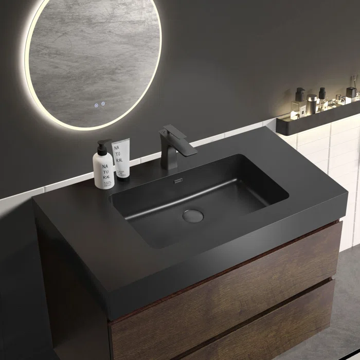 Wall-Mounted Single Bathroom Vanity with Quartz Top – 36", Matte Black & Walnut