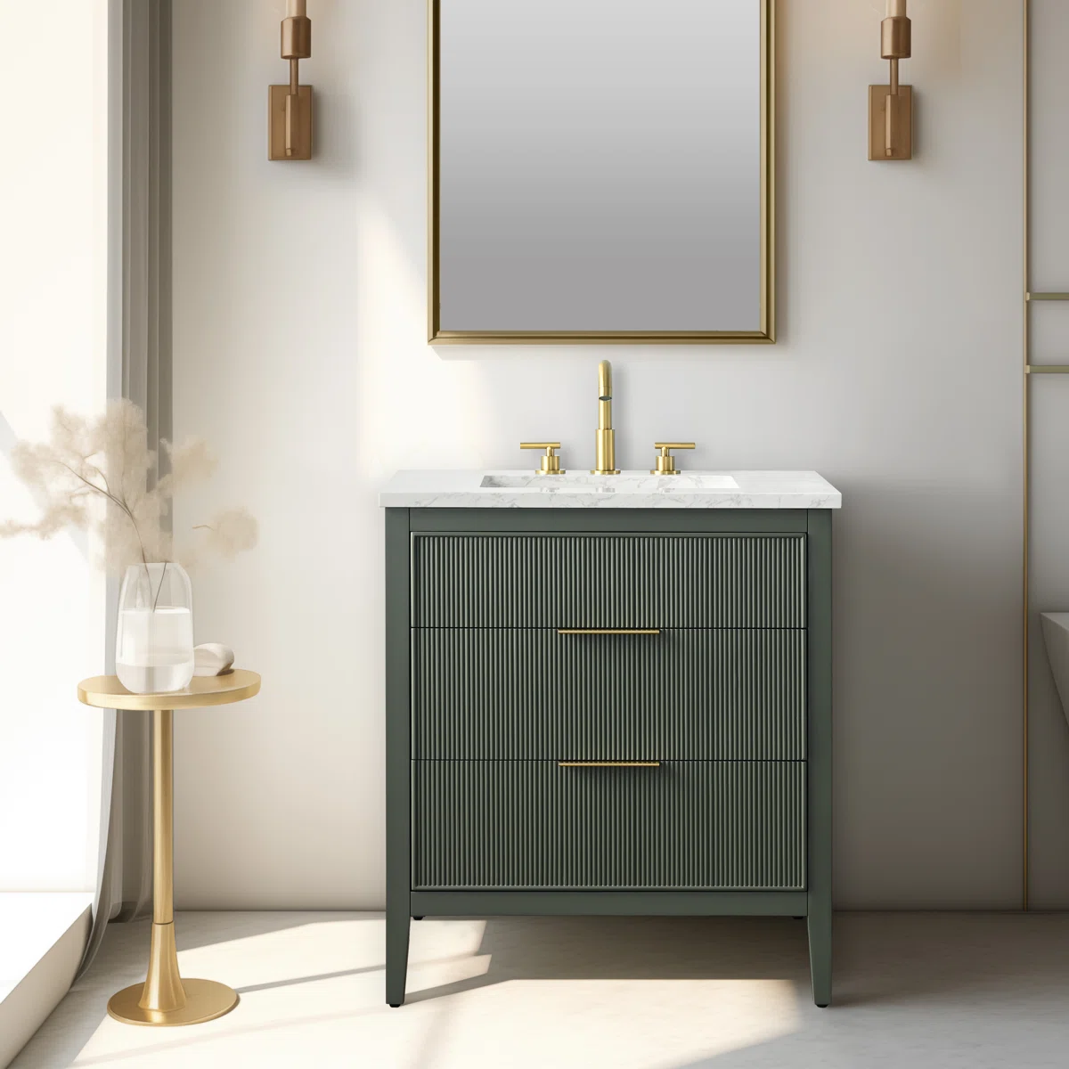 Bilroy Egremt 30" Single Bathroom Vanity with Arabescato Engineered Stone Top, Fluted Design & Soft-Close Drawers