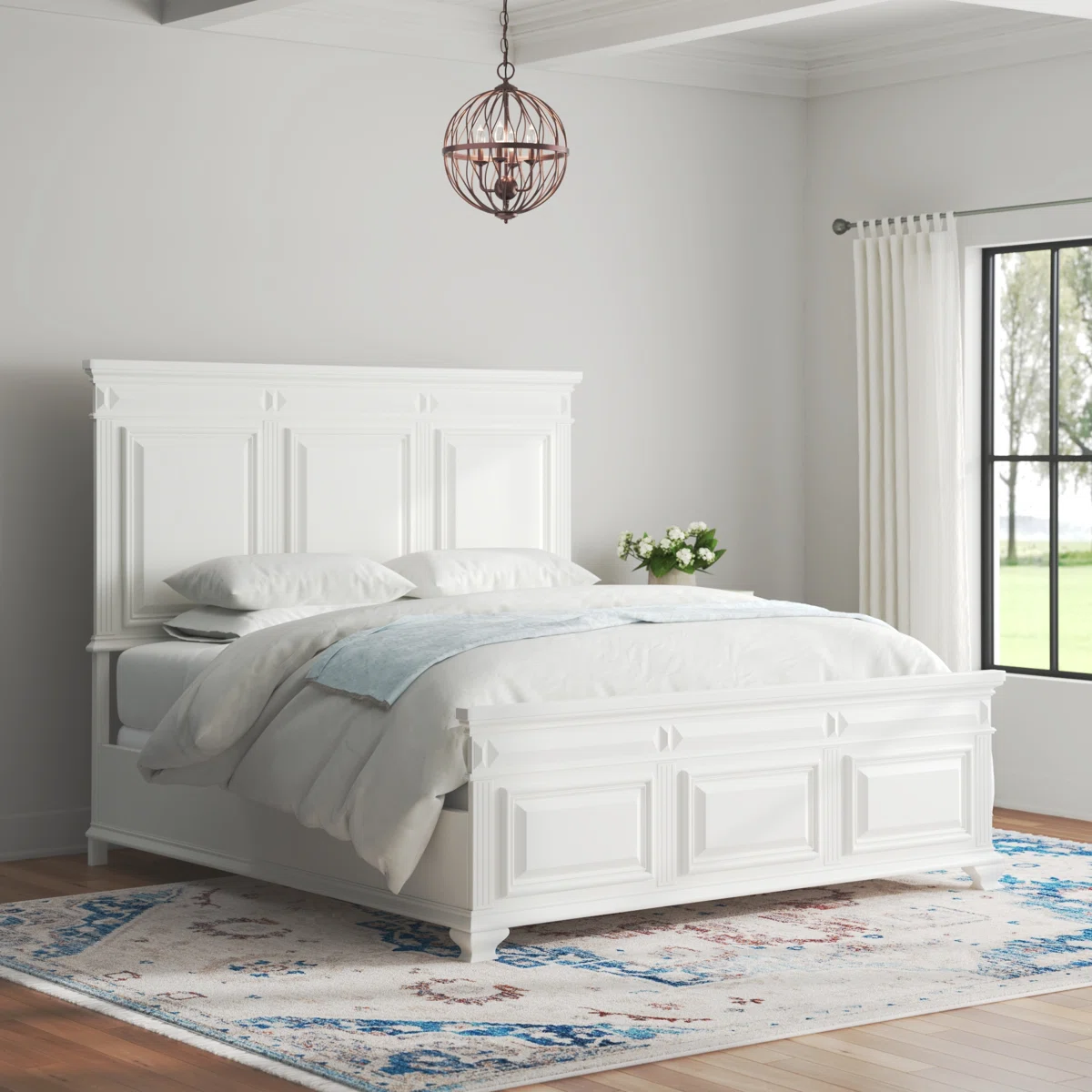 Alauna Solid Wood Standard Bed with Antique White Finish – Low-Profile Bed Frame with Classic Rectangular Headboard