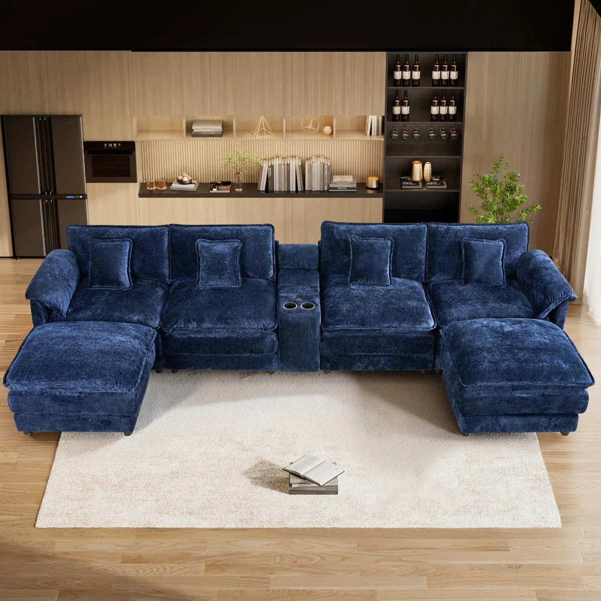 151.5" W U-Shaped Sectional Sofa with Console, Cup Holders & Ottomans