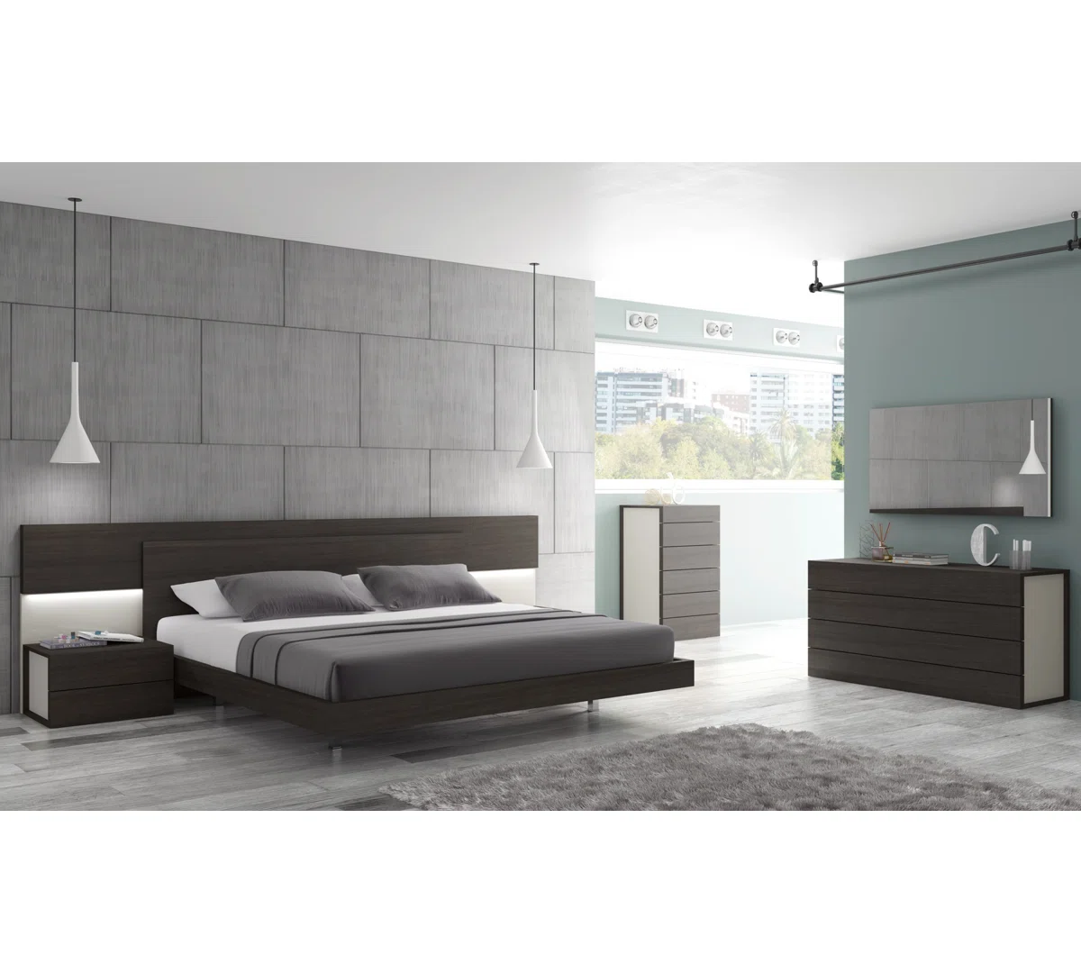 Bairdford Low-Profile King Platform Bed Modern Wood Frame with LED Headboard