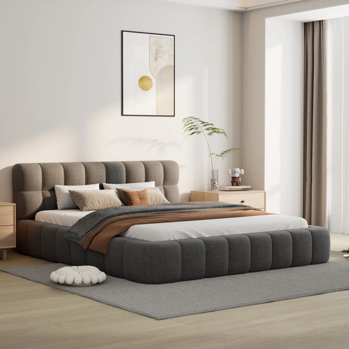 Ivy Bronx Katence Gray Linen Queen Platform Bed with Upholstered Headboard and Solid Frame Stability