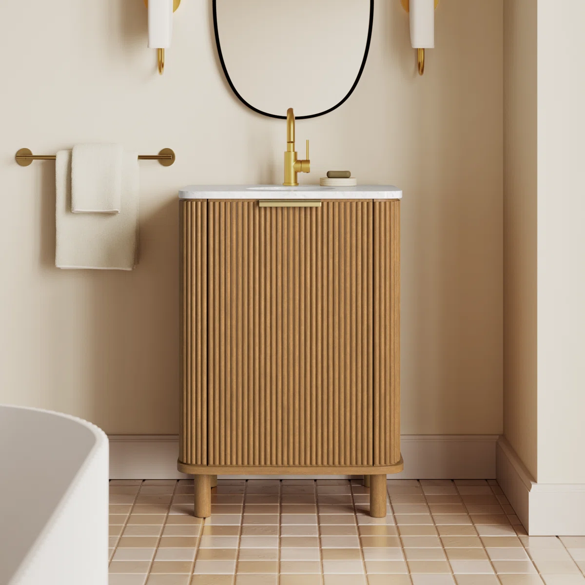 Nova 24" Marble Top Single Bathroom Vanity with Reeded Birch Base & White Carrara Marble Countertop – Modern Compact Storage Solution for Small Bathrooms