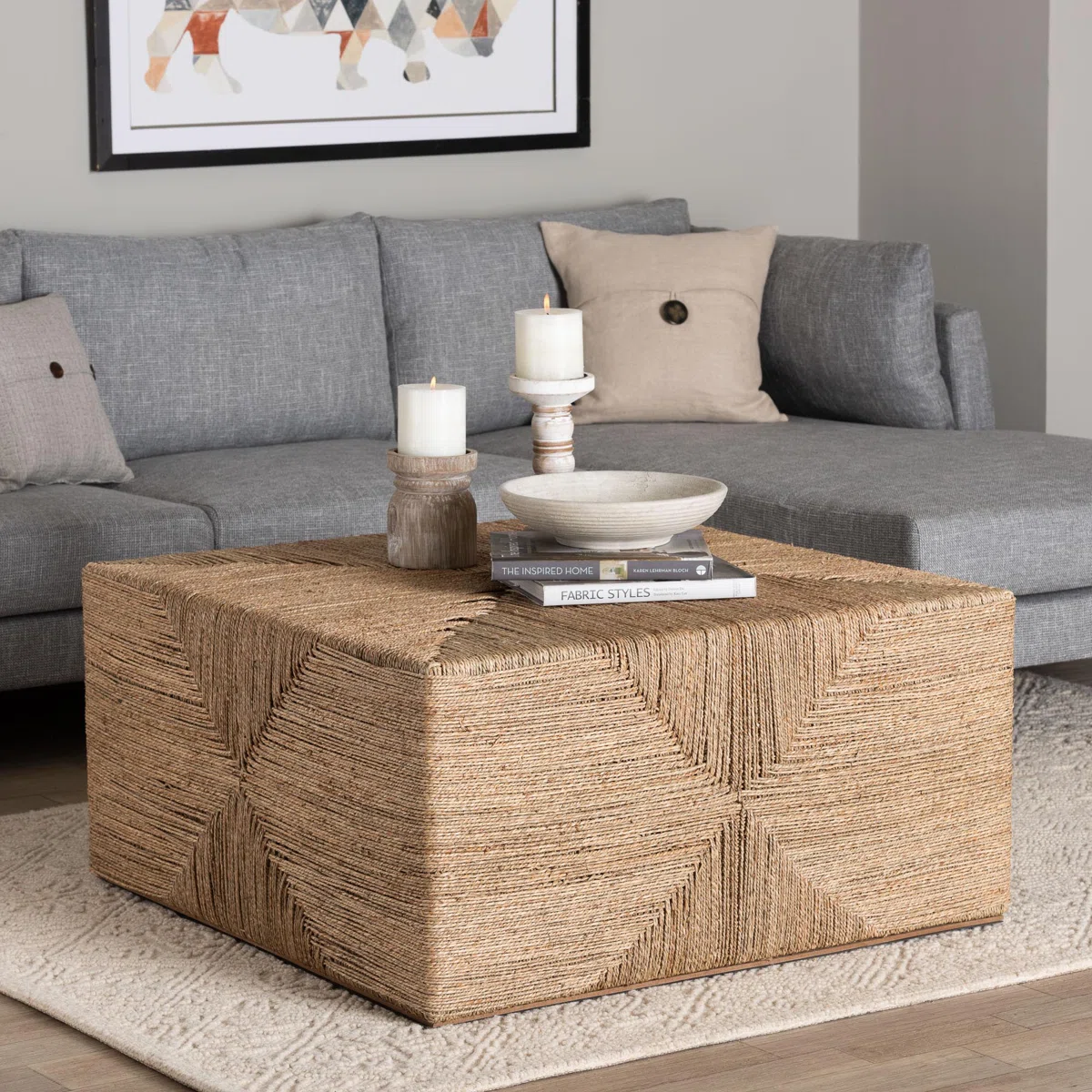Bali & Pari Nakita Japandi Natural Seagrass Coffee Table – Square Woven Wood Center Table for Living Room