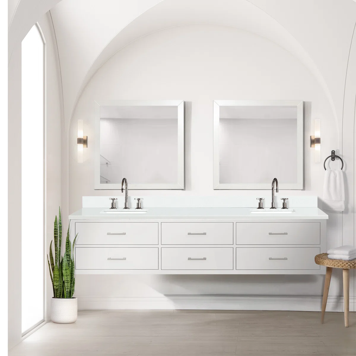 Pearl 84" Double Bathroom Vanity With Quartz Top, Ceramic Sinks & Drawers – 84" Wide Double Sink Vanity, White Base, Quartz Countertop & Built-in Storage