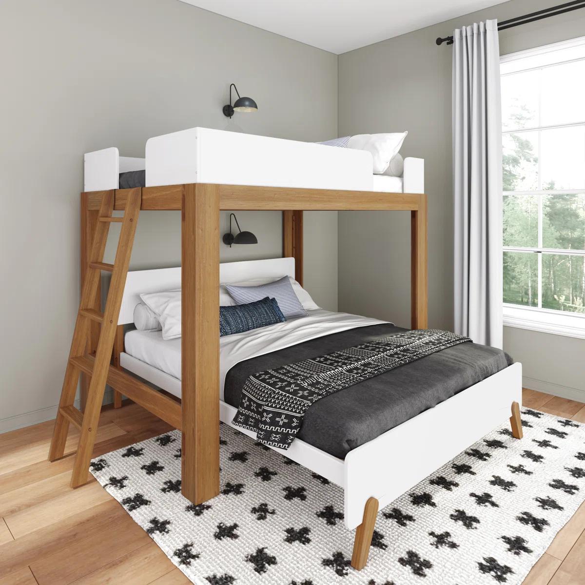 Ambur Full L-Shaped Bunk Bed in Pecan & White – Mid-Century Modern Solid Wood