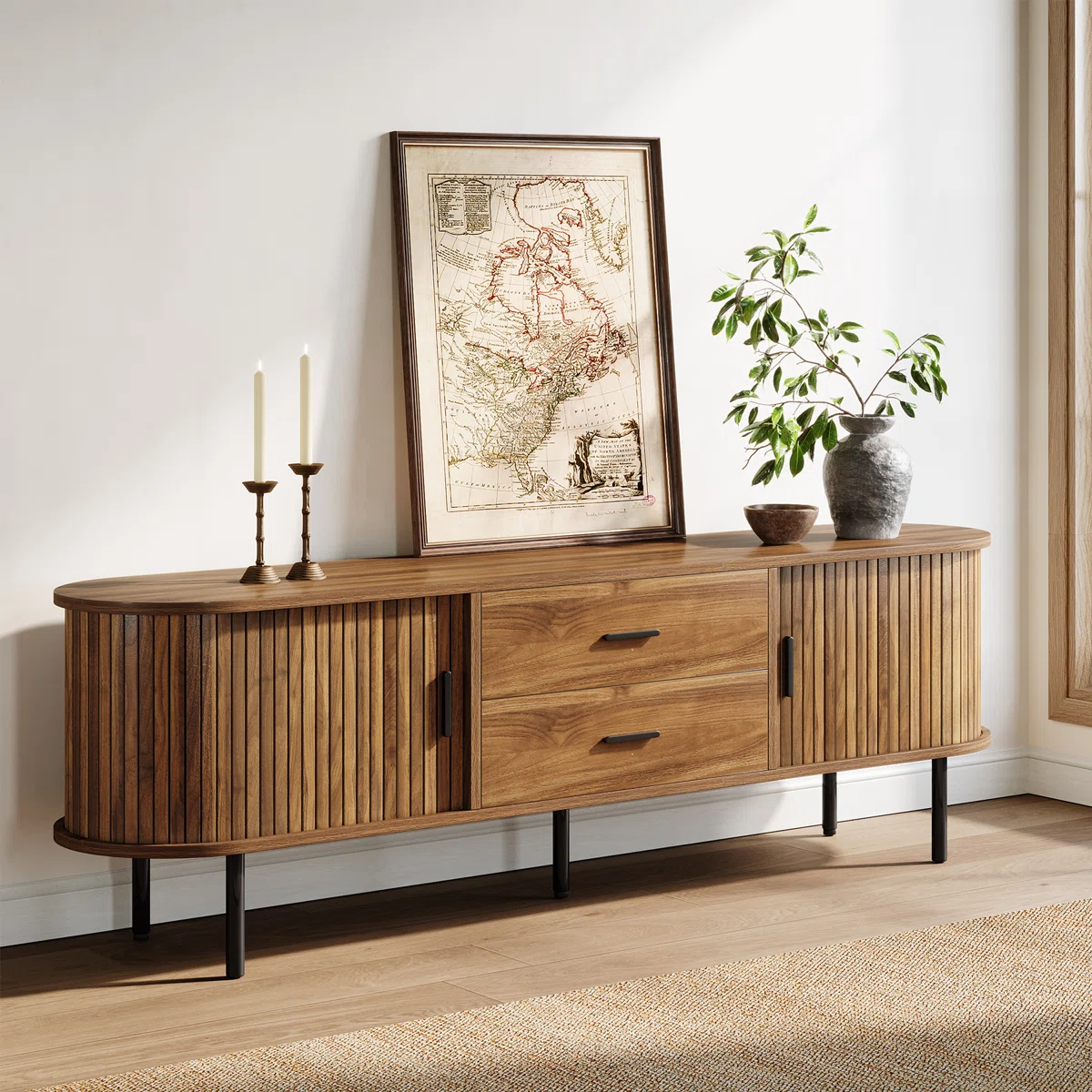 Latitude Run® 70" Mid-Century Modern Walnut Low Console Cabinet with Drawers and Shelves