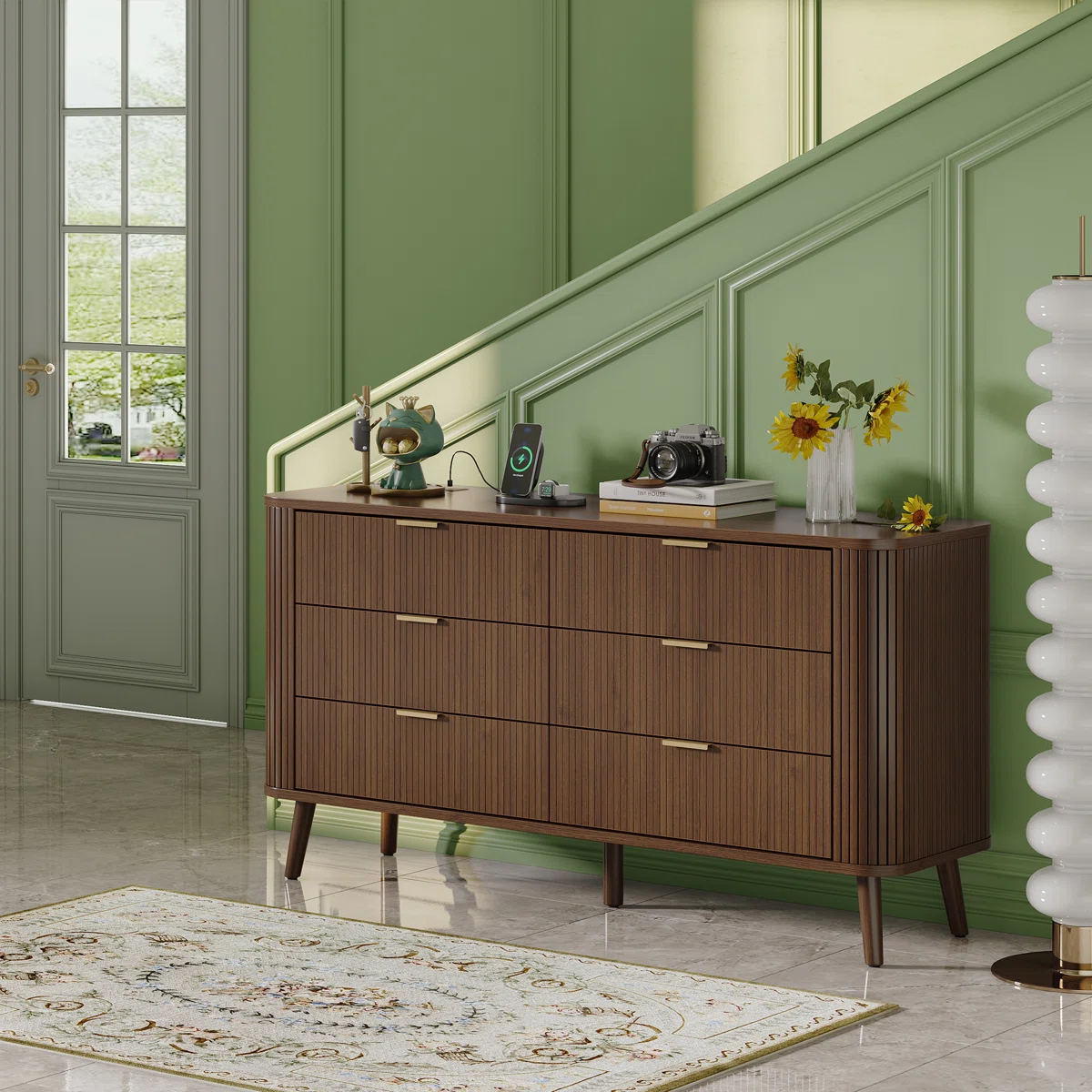 6 Drawer Dresser for Bedroom, Mid Century Modern Dressers, 57" Wide Wood Dresser TV Stand, Curved Profile Design for Closet, Bedroom Living Room, Hallway, Entryway, Home Office