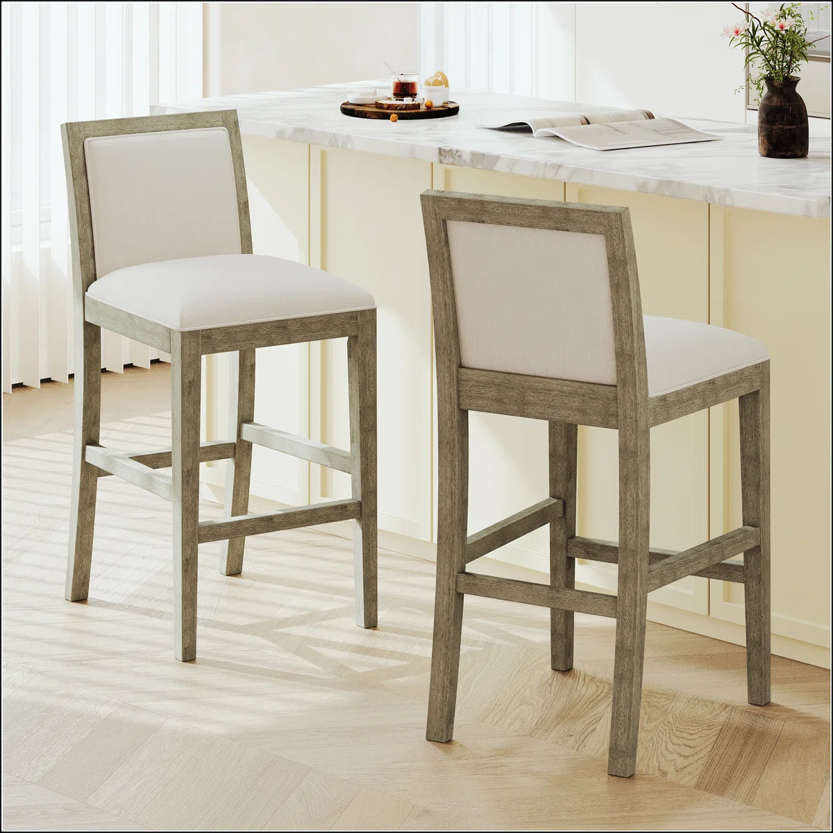 Lark Manor 30.5" Upholstered Bar Stools – Beige Seat & Gray Frame – Set of 2