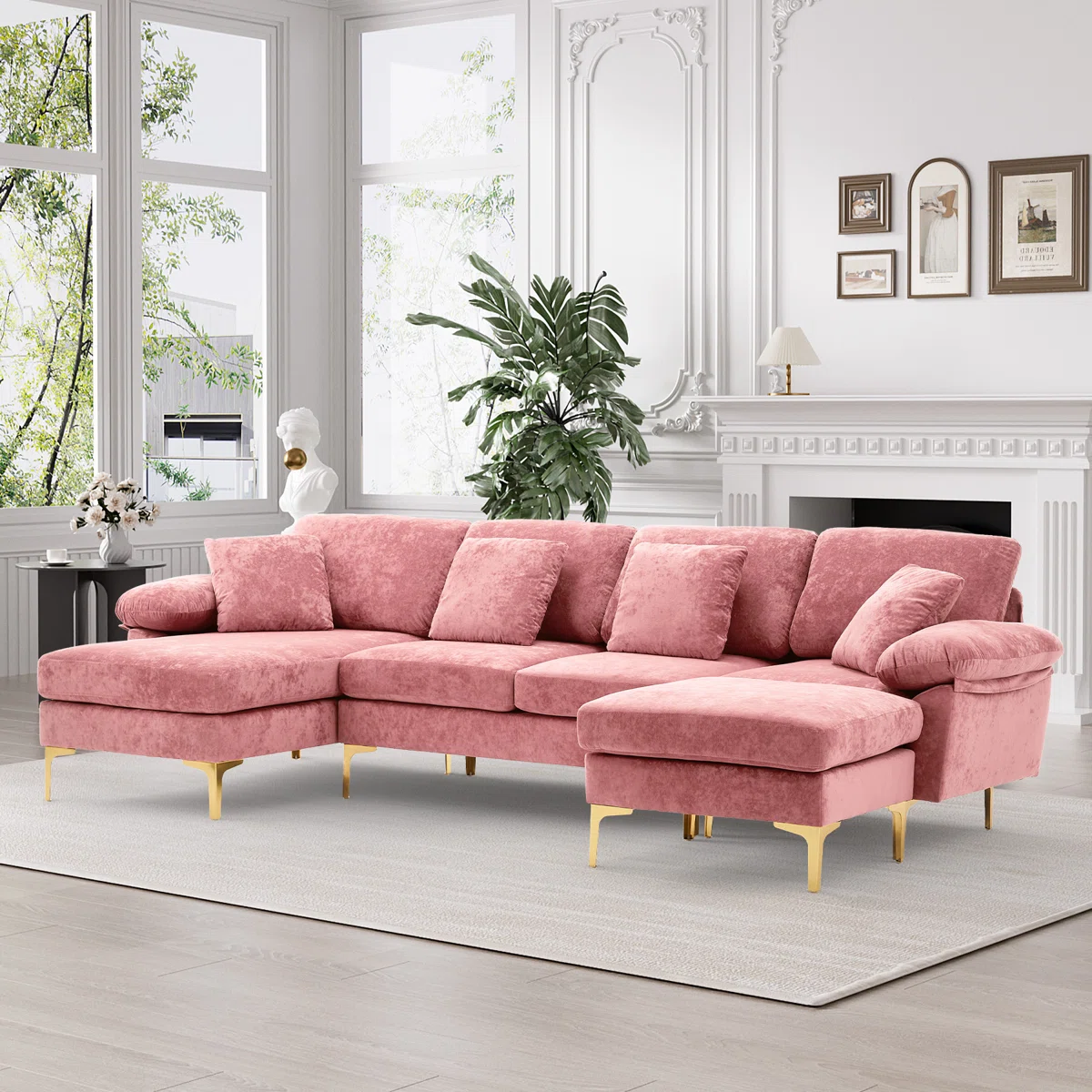 Antelmo 4-Piece Pink Velvet Upholstered Sectional with Ottoman, L-Shaped Sofa
