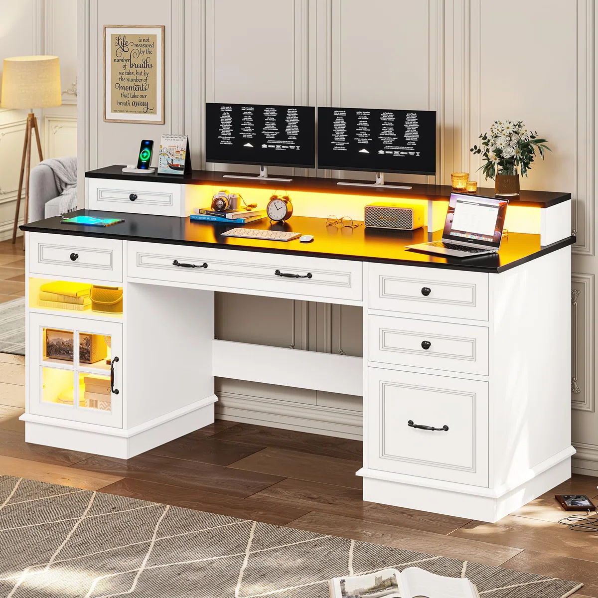 59" Farmhouse Computer Desk with 5 Drawers & Charging Station, White Executive Home Office Desk with Power Outlets and USB Ports, Engineered Wood Writing Desk with Storage