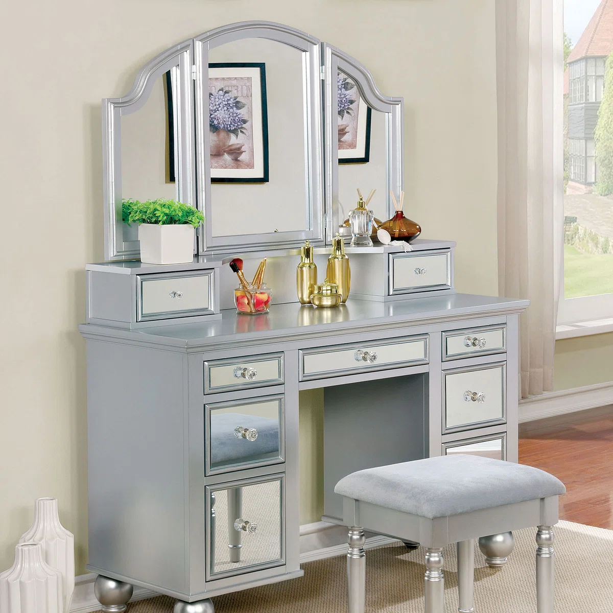 Isaiah-Michael Vanity Set with Mirror, Stool & Storage Drawers