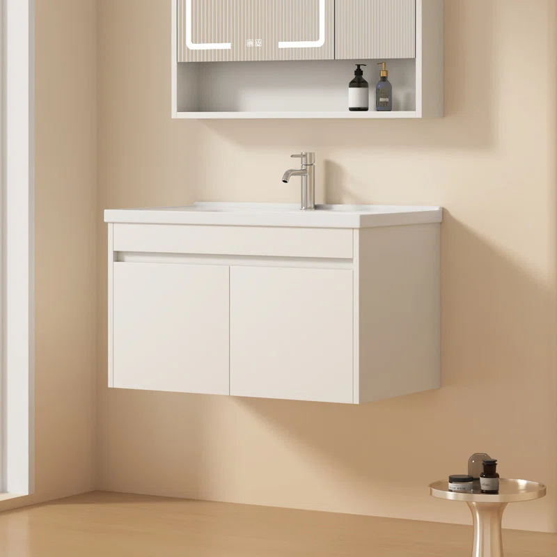 32″ Inch Bathroom Vanity with Sink Combo – White Wall‑Mounted Floating Cabinet Vanity with Soft‑Close Door, Pop‑up Drain & P‑Trap Included