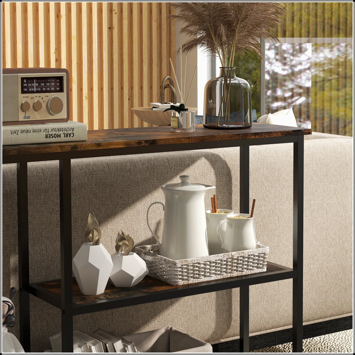 39" Narrow Console Table with Steel Frame & Dual Storage Shelves – Modern Design