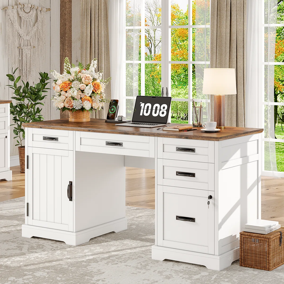 August Grove® Clabe 55" Farmhouse Executive Desk – Rustic Brown & White Writing Desk with File Cabinet, Drawers & Built-in Power Outlets