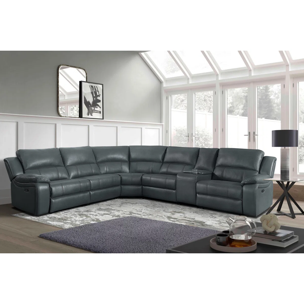 Jeanna 135.5" Modern Faux Leather Power Reclining Sectional Sofa with USB Charging Port, Cup Holders & Storage Console – 6-Piece Modular Left-Facing Reclining Corner Sectional
