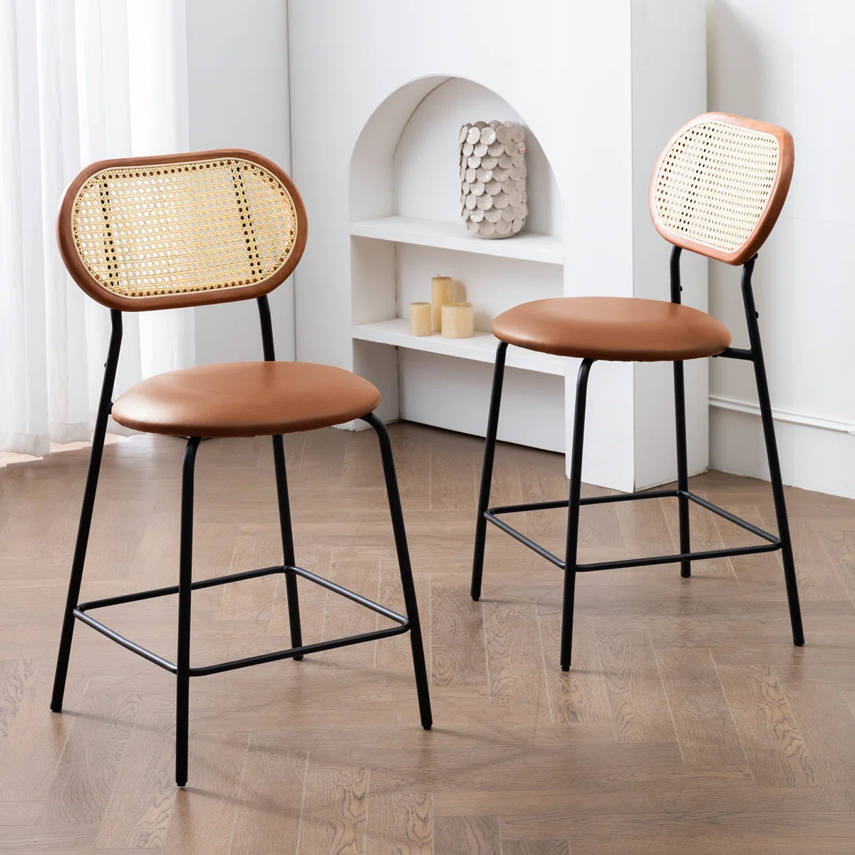 24'' Upholstered Rattan Counter & Bar Stool (Set of 2)