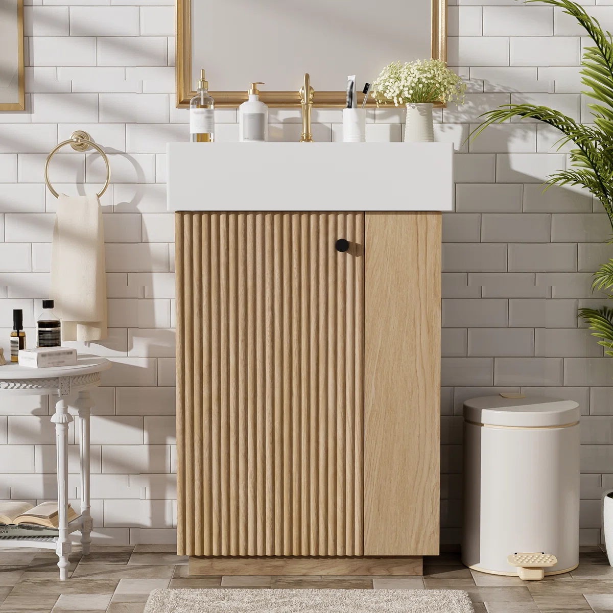 22" Single Bathroom Vanity with Ceramic Top – Compact Farmhouse Vanity with Storage Shelves & Soft-Close Door