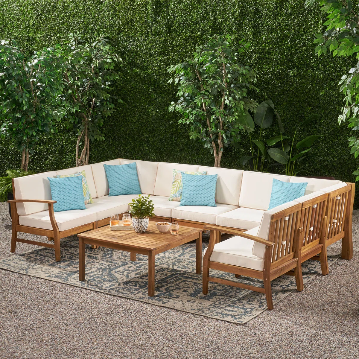 Wade Logan Caernarfon 9-Piece Outdoor Sectional Seating Group with Cushions – Cream